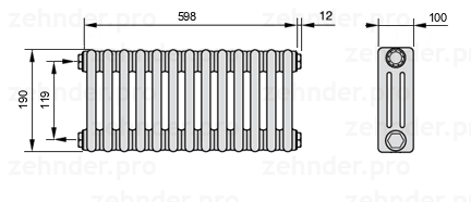 Схема (чертеж) Радиатор Zehnder Charleston 3019/13 №1270 Белый глянцевый RAL 9016